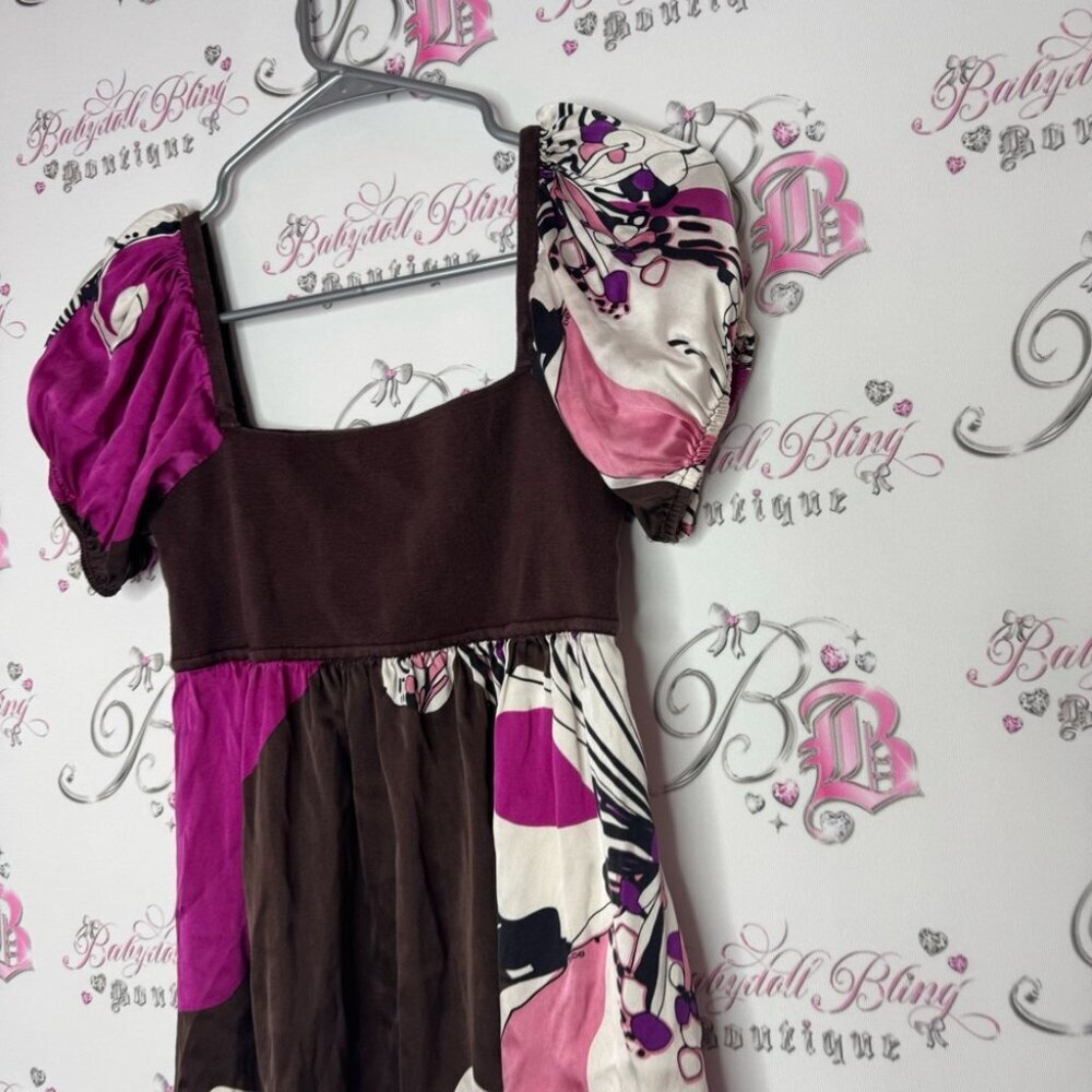 Bebe dress silk floral brown puff shoulders adorable y2k rare 2000s babydoll - Picture 3 of 13